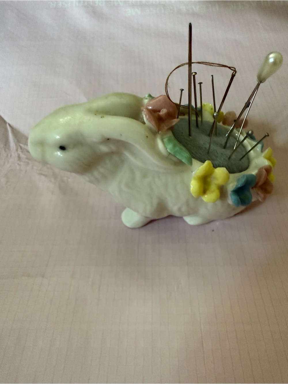 Pin Cushion White Ceramic Bunny with Pastel Floral Accents comes with pins #3